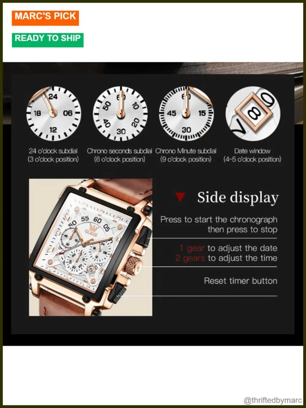Multifunctional Chronograph Leather Watch with Luminous Hands 3ATM Waterproof